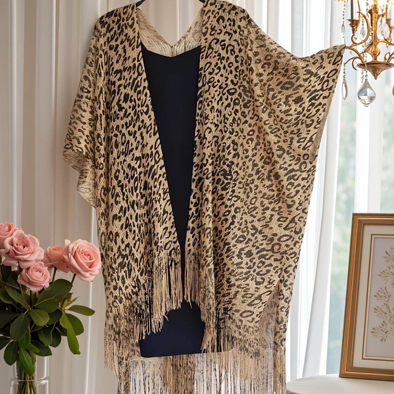 TEMU Plus Size, Spring/summer Party Dinner Luxury Golden Bohemian Fringe Leopard Print Plus Size Women's Shawl Cardigan