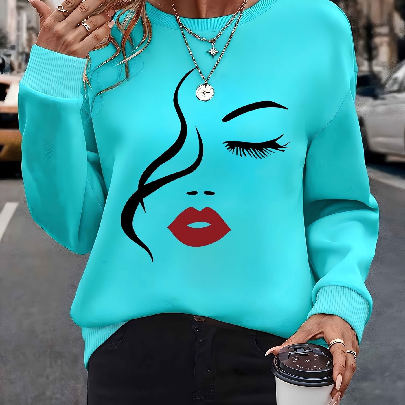 E-shop Hair Face Plus Samt Langarm Rundhals Sweatshirt Damenbekleidung