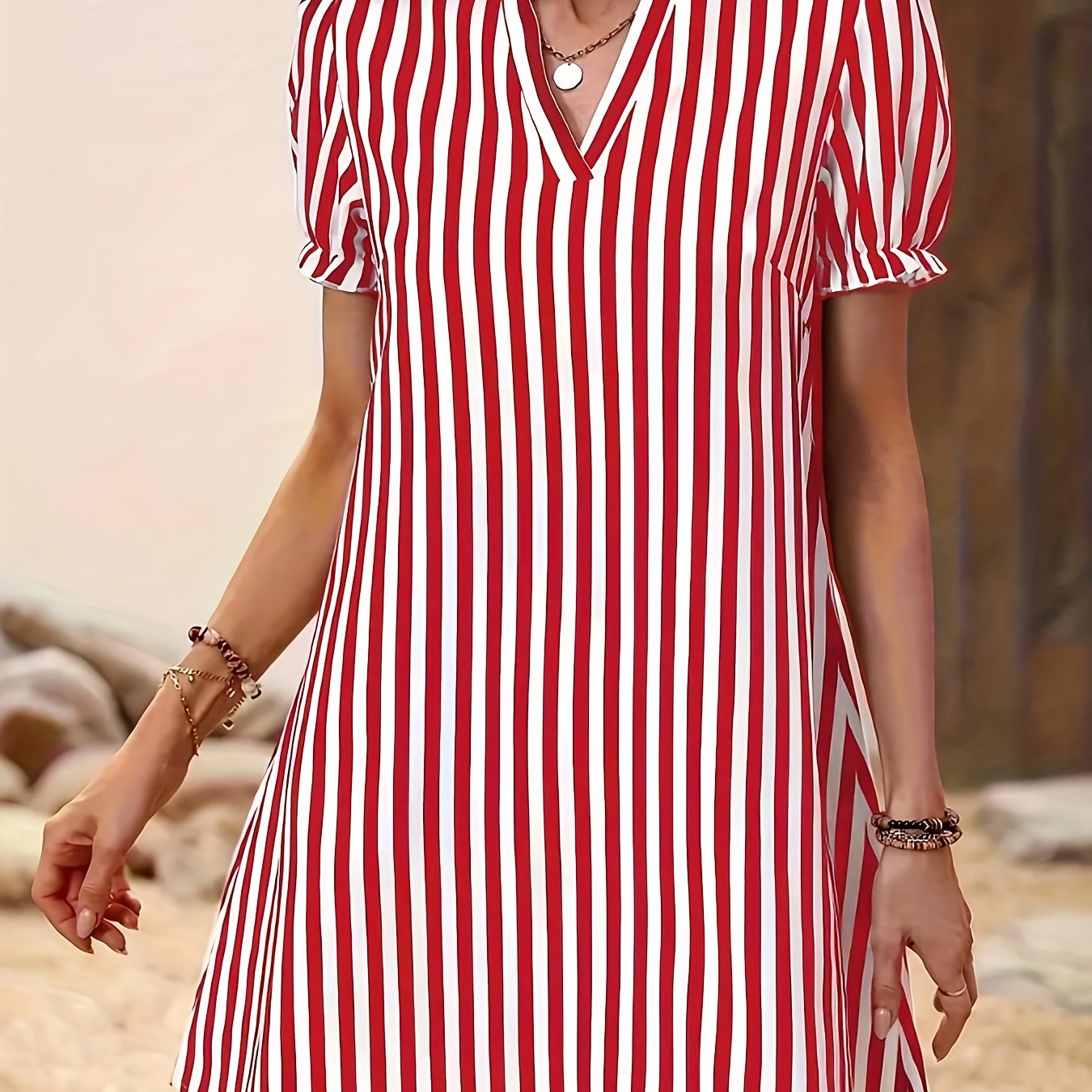 TEMU Women's Elegant Striped V-neck Dress With Puff Sleeves - Casual Short Sleeve Summer Dress, Blue And White Vertical Stripes, Knee-length, Spring