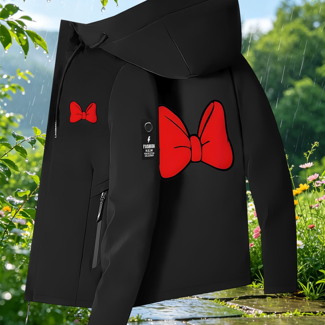 TEMU Easy Large Red Cartoon Bow Pattern Hooded Drawstring Lightweight Portable Outerwear Durable Fabric Comfortable Daily Work Outfit Short Distance