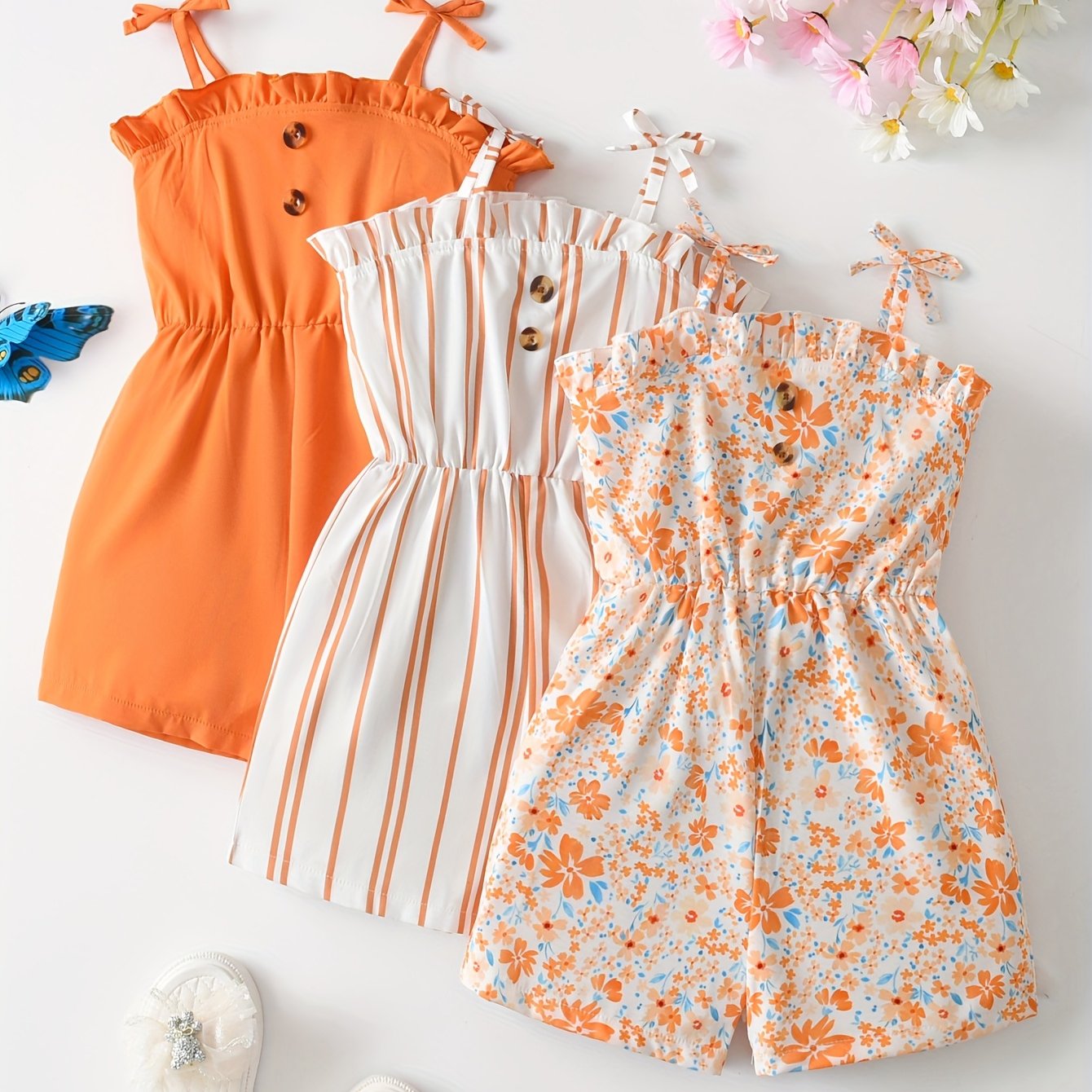 Image of Little Girl's Floral And Stripe Print Ruffle Trim Bow Sling Romper Shorts, Girls Summer Casual Jumpsuit 3pcs Set For Daily Wear, Travel & Vacation, Perfect For Outdoor