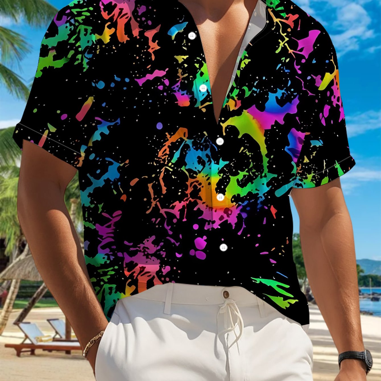 TEMU 's Casual Short-sleeve Shirt With Neon Stains On A , Versatile Top For Holiday Parties And Commuting, Machine-washable Polyester Fiber Fabric,