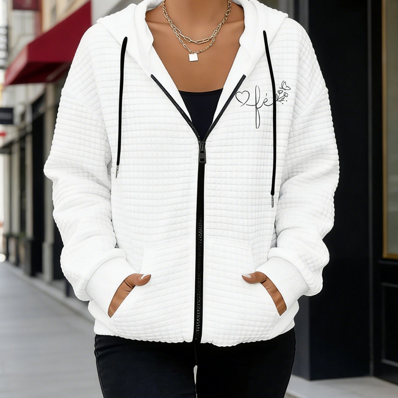 TEMU New Women's Plus Size Casual Waffle Hooded Jacket, Fashionable Printed Zip-up Jacket With Pocket Details, Versatile Everyday Waffle Outerwear,