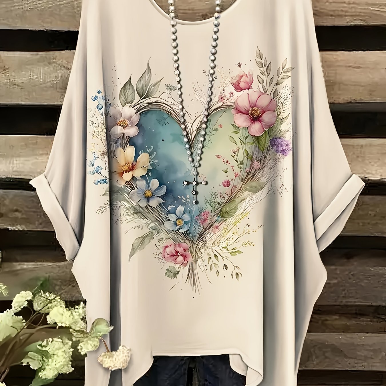 TEMU Plus Size - Plus Size - Plus-size Bohemian Style Loose And Easy Vintage Floral Print T-shirt With An Irregular Hem And Round Neck, Fashionable