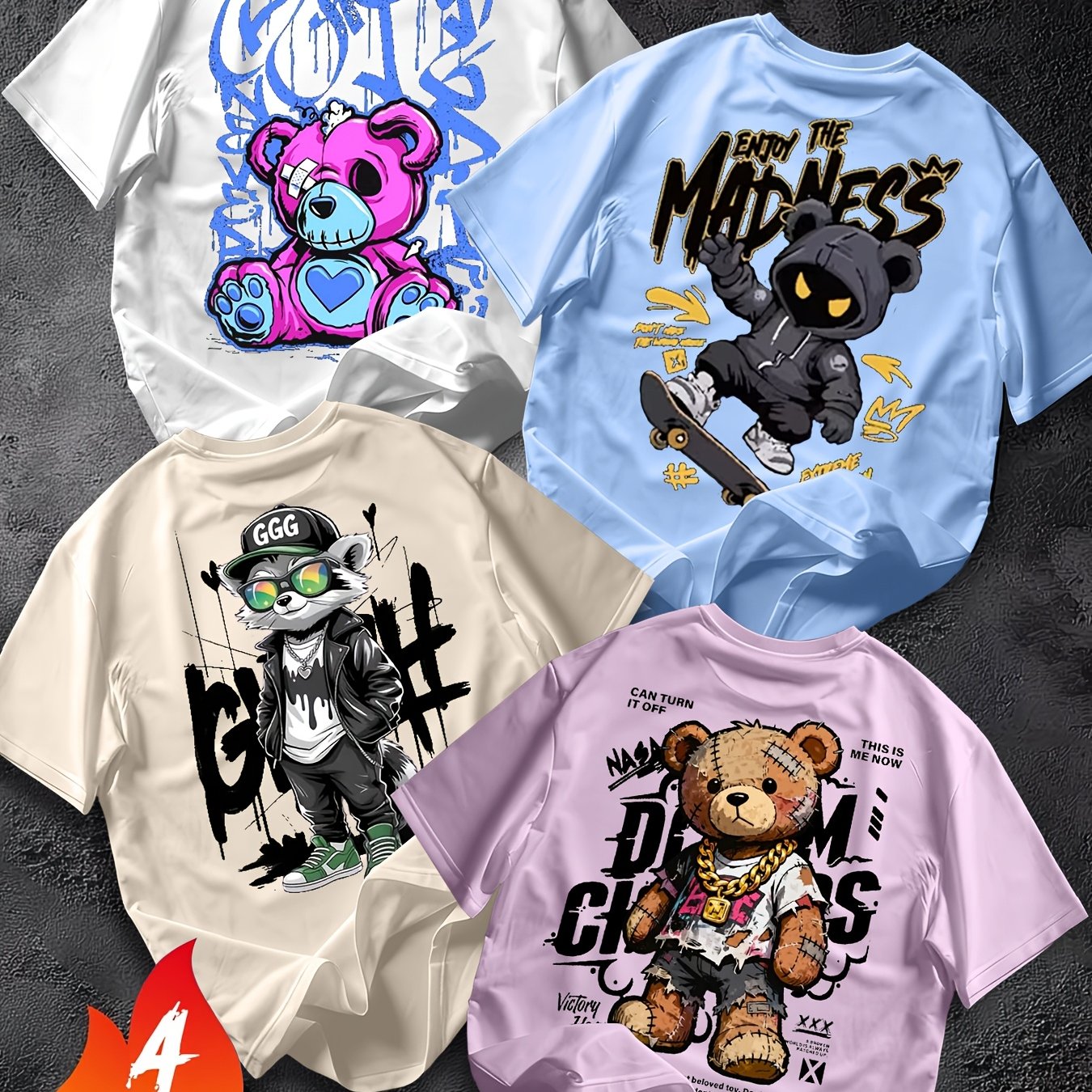 TEMU Ensemble 4 pièces T-shirt à manches courtes avec imprimé de dessin tendance américain, Idéal pour quotidiennes, tenue de campus, style