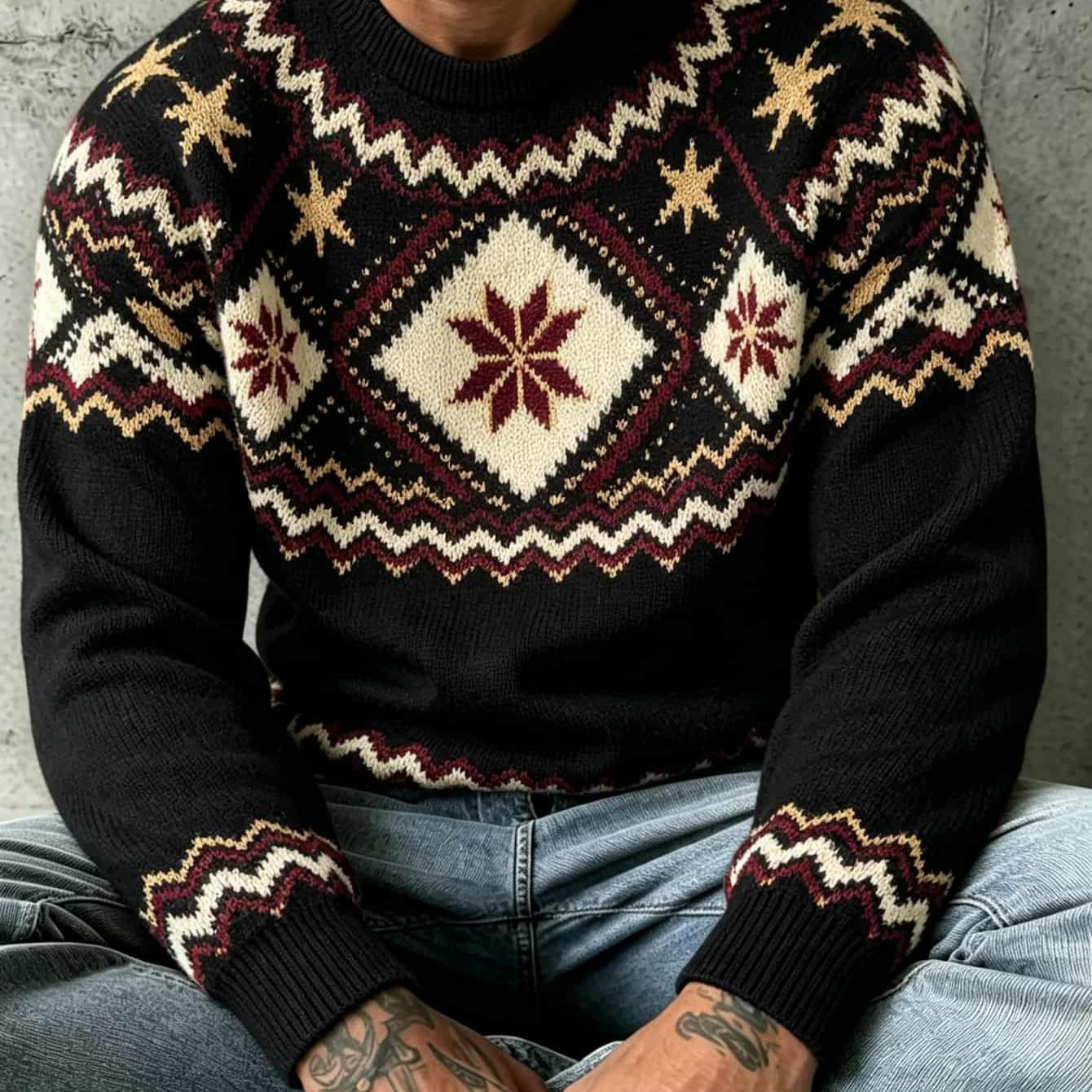 TEMU 2d Flat Print Men's Fashion Lightweight Sweater Casual Pullover Long Sleeve Fair Isle Jacquard Christmas Diamond Snowflake Star Pattern Slim Fit