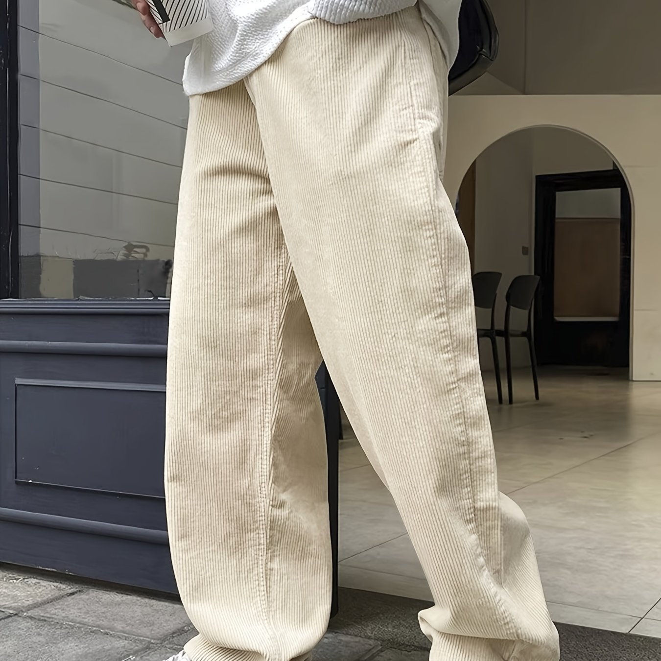 TEMU Solid Color Men's Corduroy Casual Pants, Chic Breathable Long Straight Drawstring Trousers, Streetwear And Outdoor Activities,