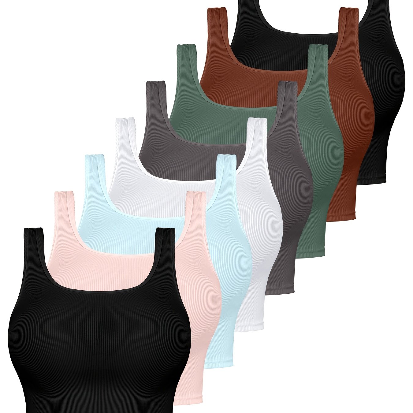 Image of 8pcs Summer Women's Casual Sleeveless Undershirt Tank Tops, Solid Color Ribbed Slim Fit Camisole Tank Tops For Outerwear