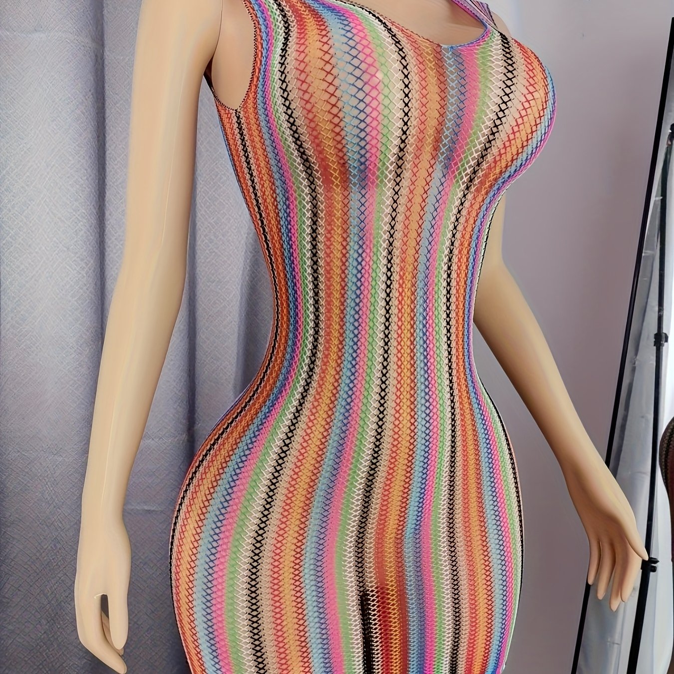 Image of A Sexy Plus-size Women' Striped Fishnet Cover-up - A Sheer Hollow Beach Outfit Suitable For Music Festivals.