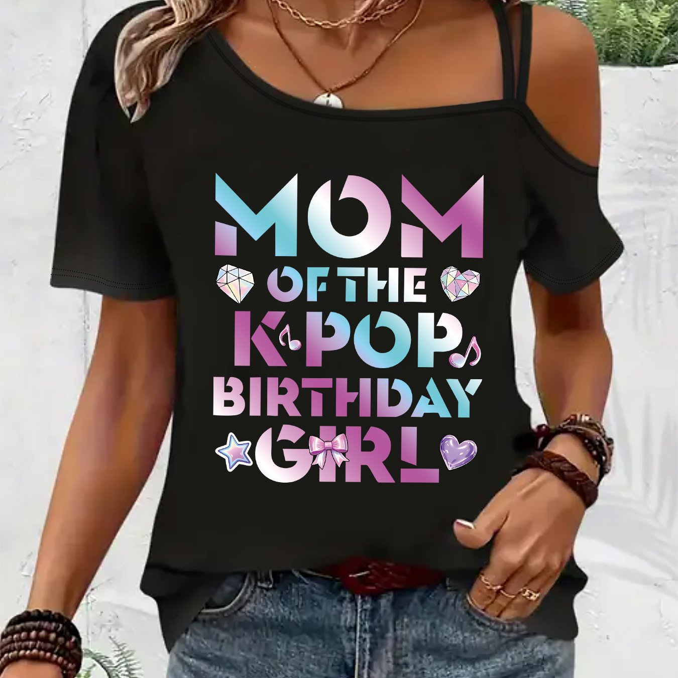 TEMU (035#) Women's Fashion Off-shoulder Cami Short Sleeve T-shirt, Off-shoulder Print K-pop Mom Theme Top