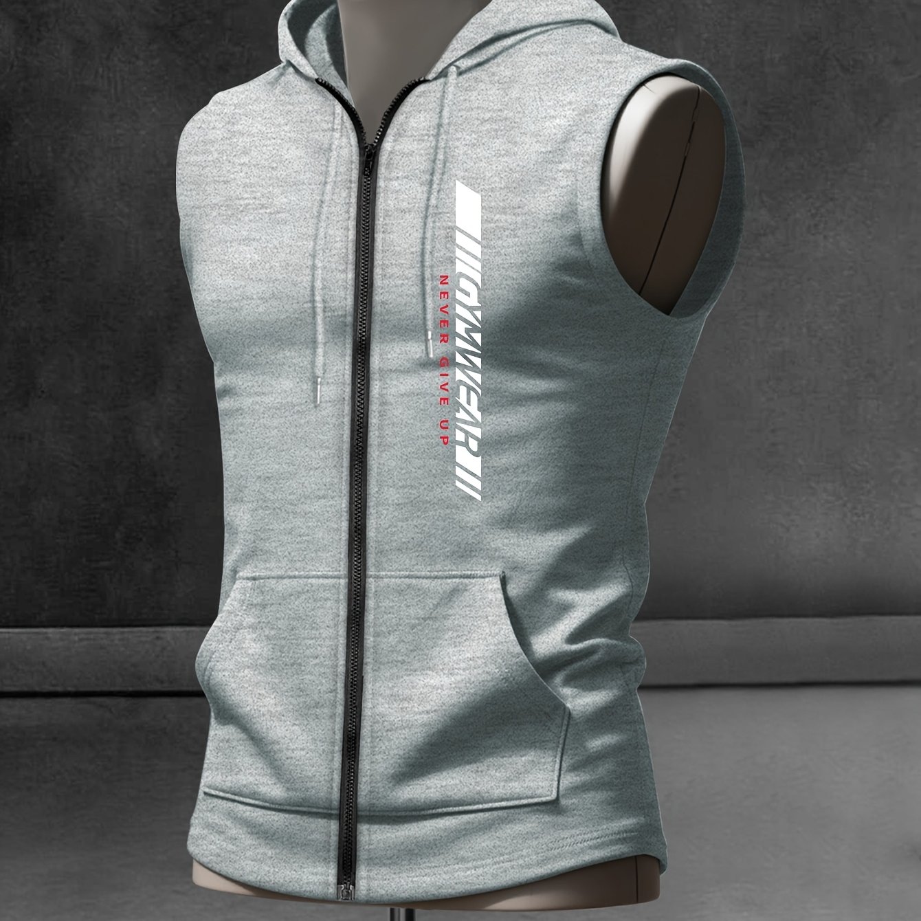 TEMU Trendy Zipper Vest For Men, Casual Gym Tank Top, Sleeveless Hooded Style With Fitness Graphics, Athletic Workout Style Outfit