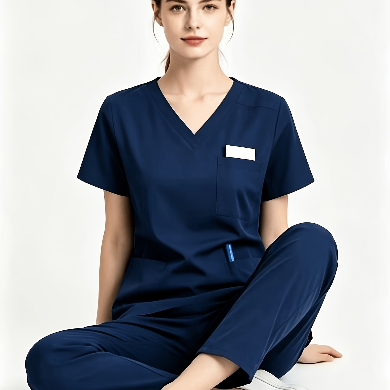 TEMU V-neck Women's Pullover And Long Pants 2pcs Set, Functional Pockets, Short Sleeve Nurse Uniform, Scrub Suit, Hand Washable, Workwear