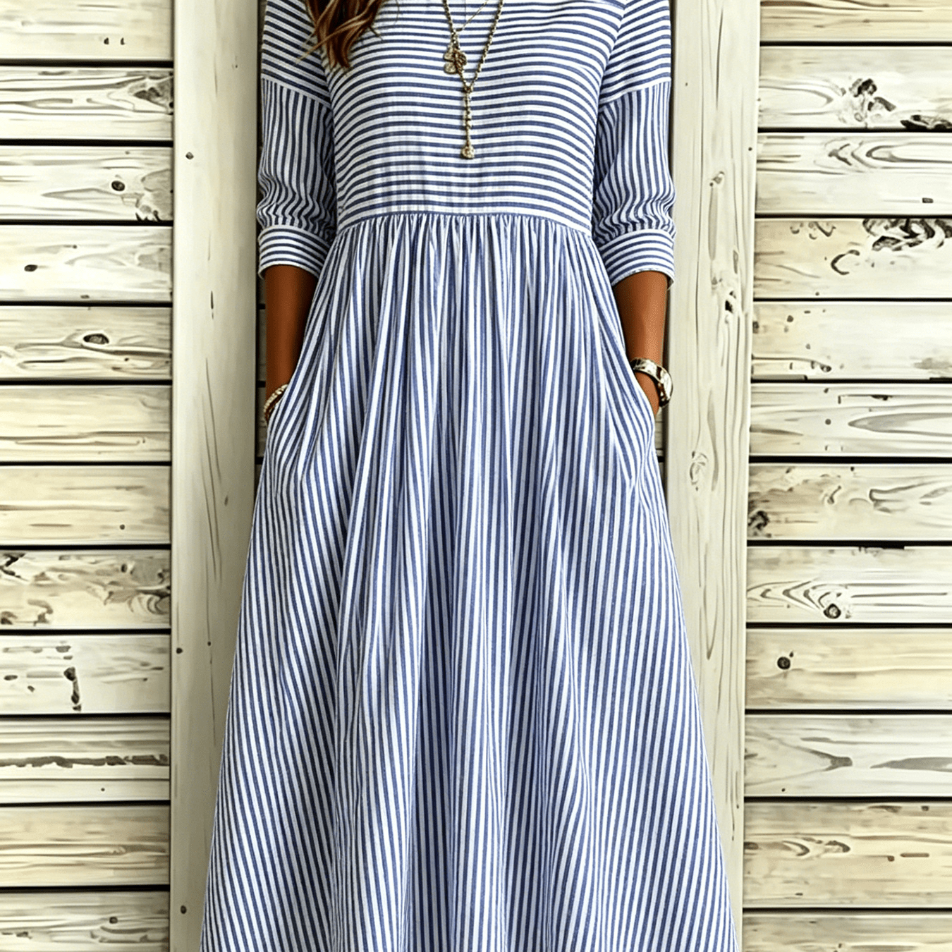 Women's Elegant A-line Midi Dress With Pockets - 3/4 Sleeve Round Neck Striped & Polka Dress Suitable For - Wear, Machine Washable Loose Dress For, Semi-formal, Or Everyday Outfits
