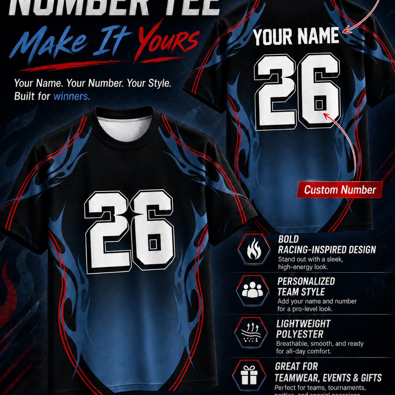 TEMU Men's Personalized Custom Black Blue Red Contrast Athletic Short Sleeve T-shirt, Tribal Flame Totem, Gradient Dark Pattern And Front And Back