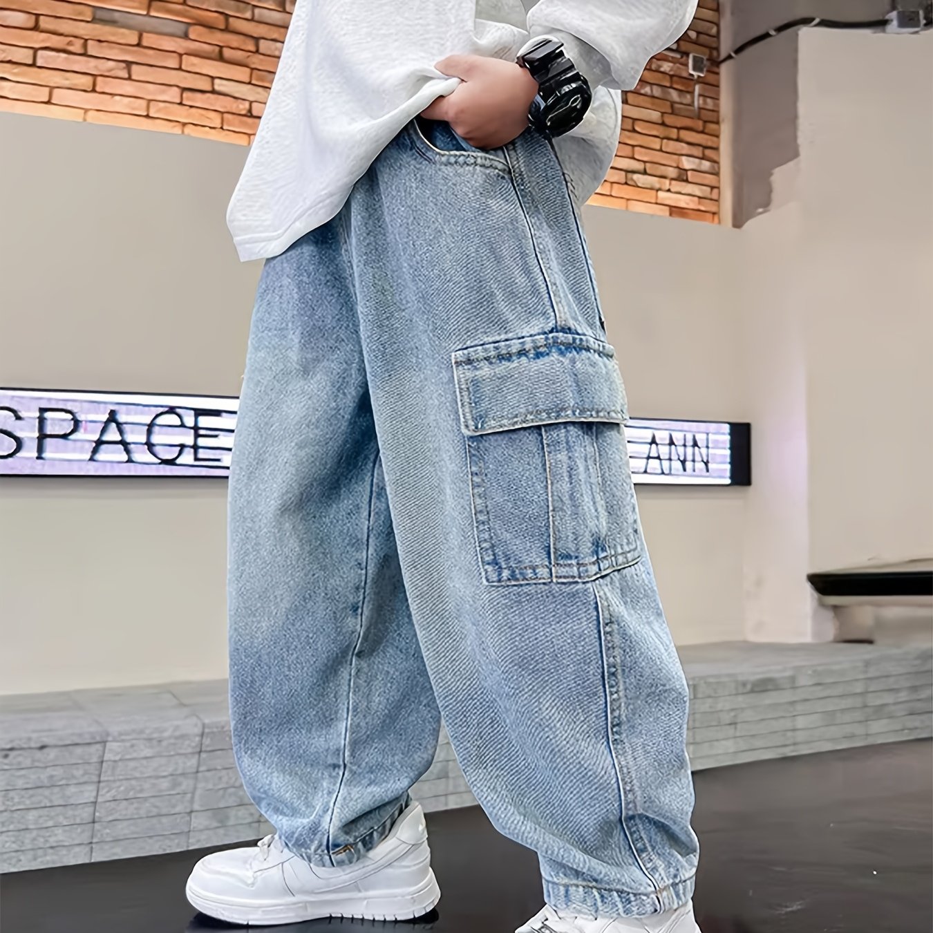Image of Boys' Wide-look Loose-fit Workwear Pants With Utility Pockets - Summer Casual Playwear, ' Pants For Outdoor Activities & Casual Attire, Machine Washable ( &)