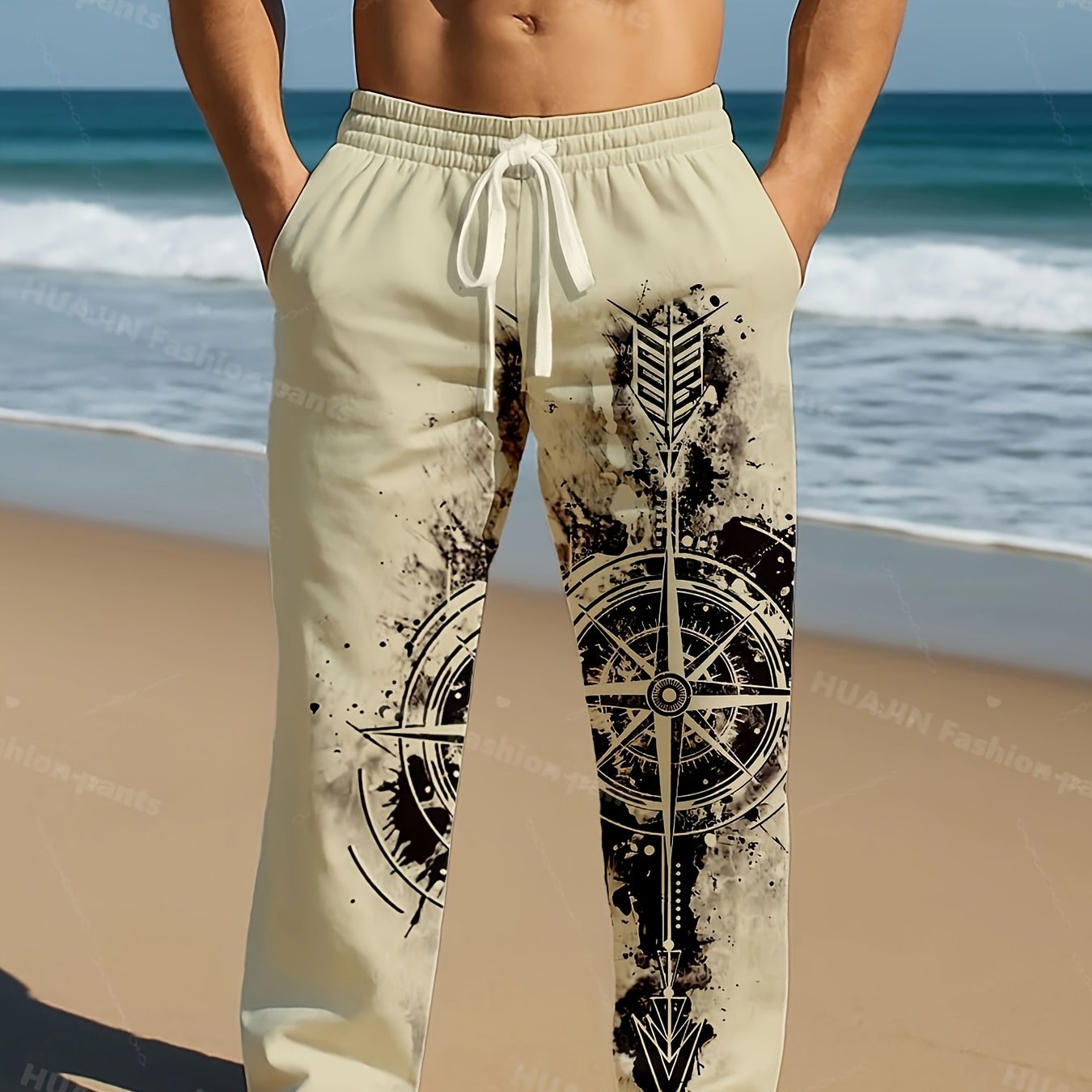 Image of Men's Vintage Compass Graphic Pants - Loose Fit Drawstring Waist Non-stretch Fabric For Spring Summer Fall Outdoor Beachwear & Leisure Activities, Beach Clothes