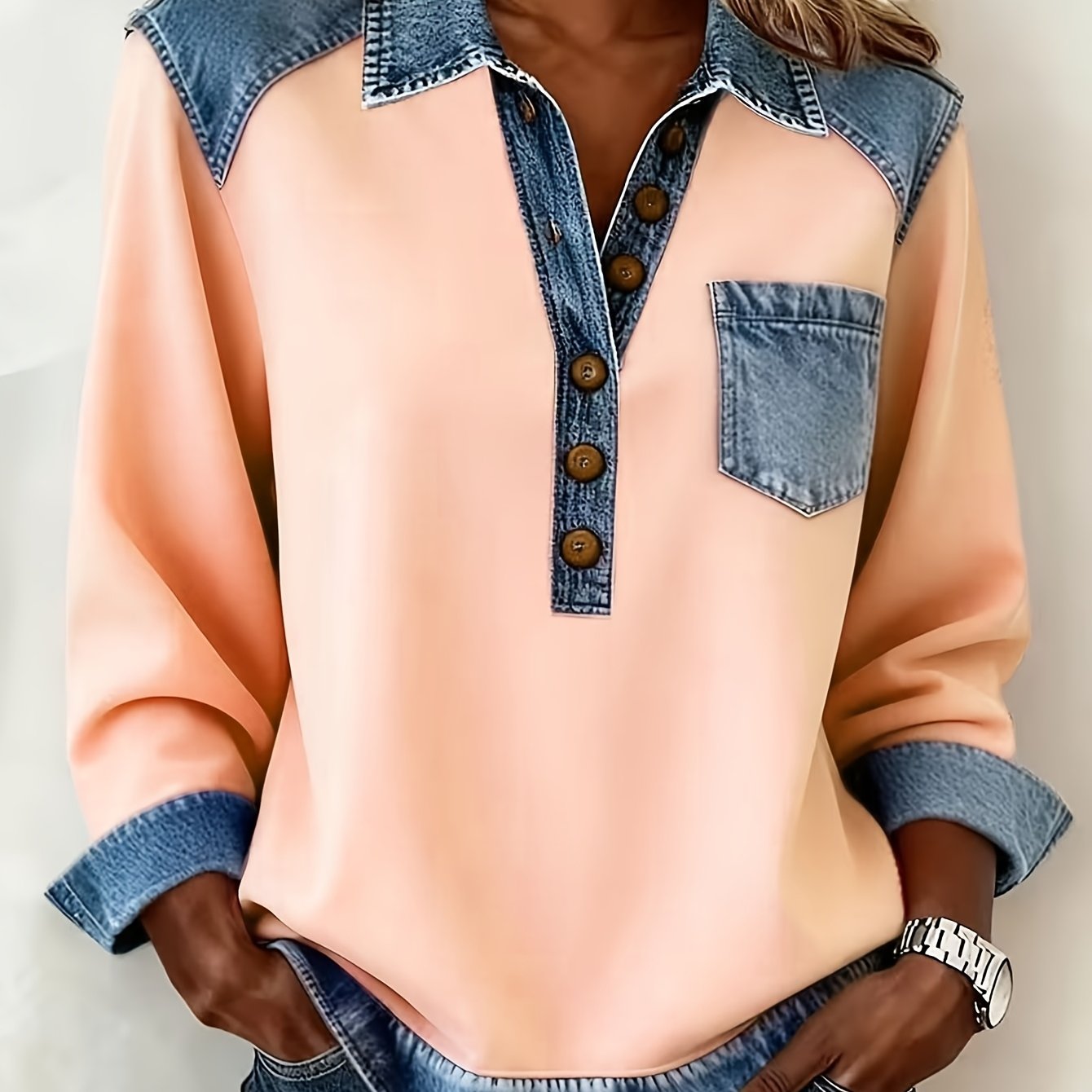 TEMU Pull à col et manches longues imprimé - Tissu non denim, couleur unie rose avec détails boutonnage devant, vêtement décontracté pour femmes,