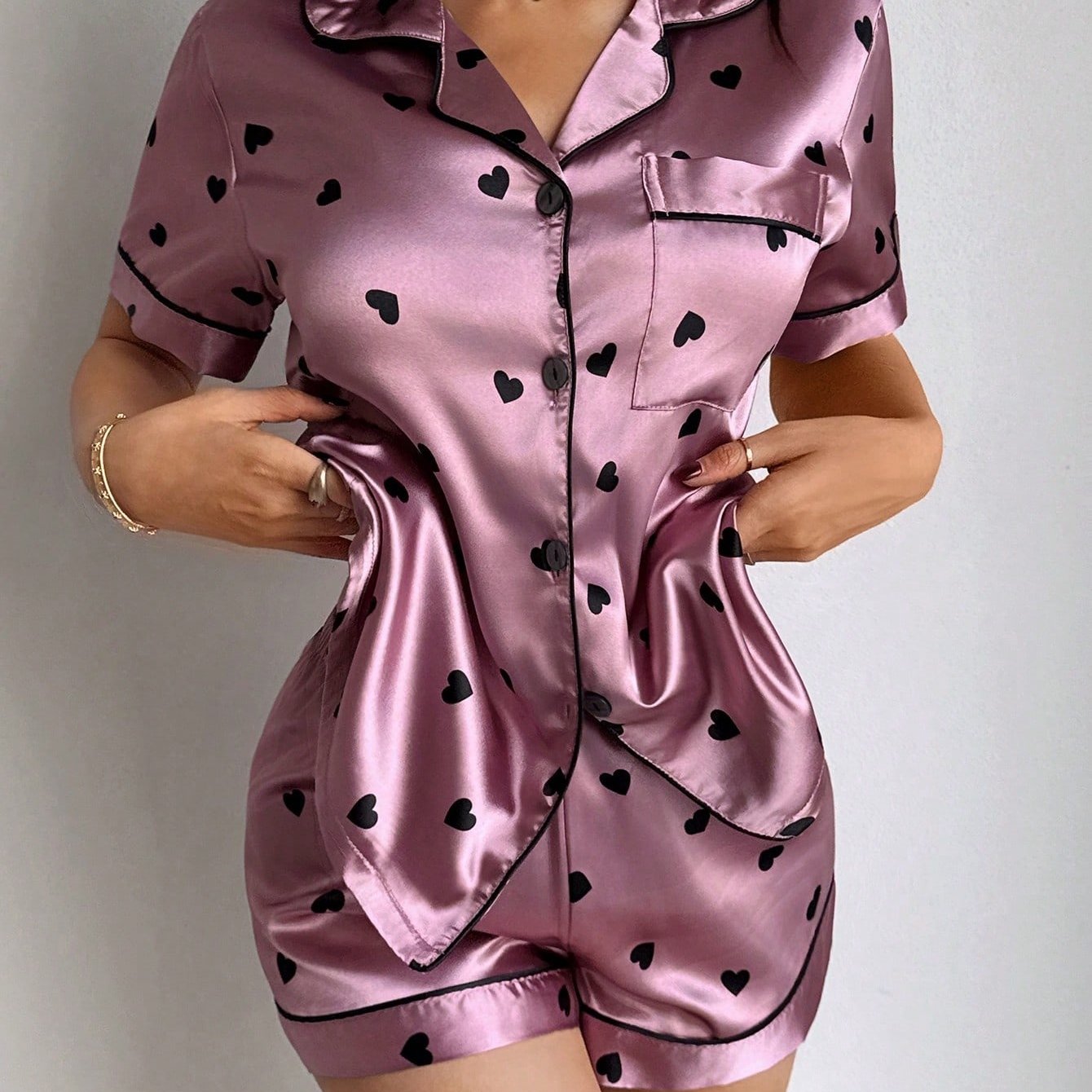 TEMU 2pcs Women's Pajama Set, Satin Pink Love Short Sleeve Top With Pockets And Bow Shorts, Women's Sleepwear Set