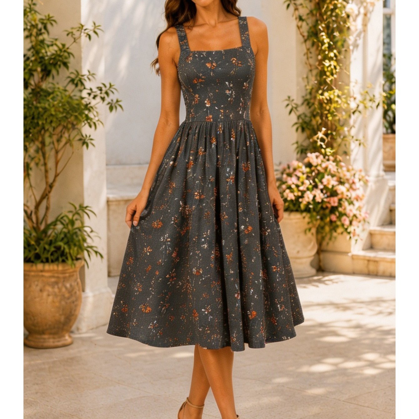 Image of Womens Summer Square Neck Midi Dress Dark Grey Ditsy Floral Print Wide Strap A Line Swing Flare Vacation Stylish Outfit With Pockets Trendy Fashionable Cute Casual