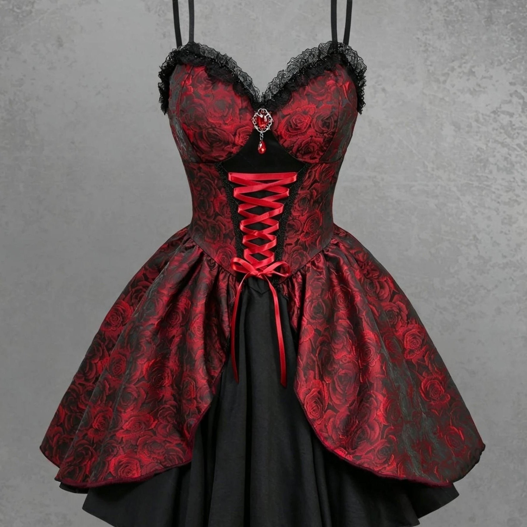 TEMU Gothic Red Black Rose Jacquard Waist-cinching Cami Short Skirt, Lace Tie-string Flared Dress, Halloween Vampire Hot Dress, Retro Blood-red