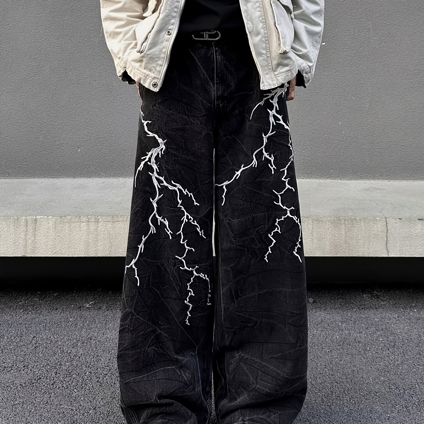 Street Textured Lightning Embroidery Straight-leg Loose Fit Wide-leg Flare Jeans For Men
