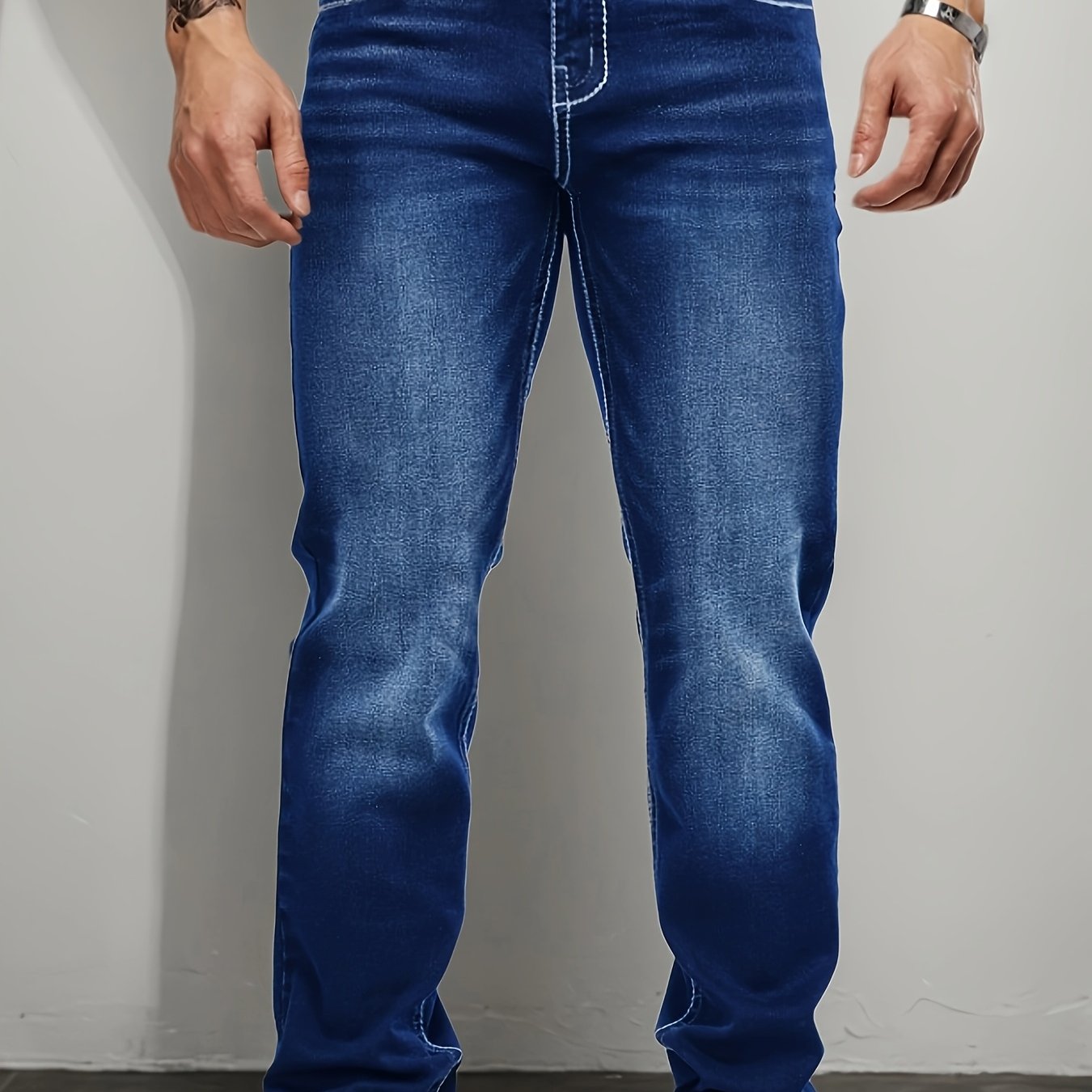 Men's New High-end Trendy Brand Denim Back Pocket Embroidery Slim Straight Tapered Trendy Retro Washed Stretch Straight Trousers