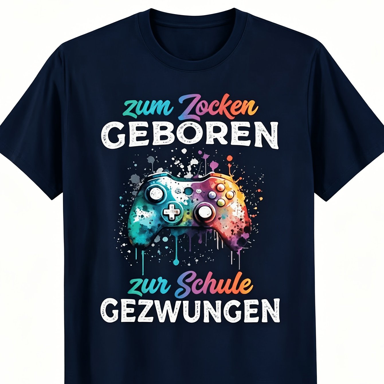 German Gamer Slogan " Forced To School" Watercolor Game Controller Graphic T-shirt