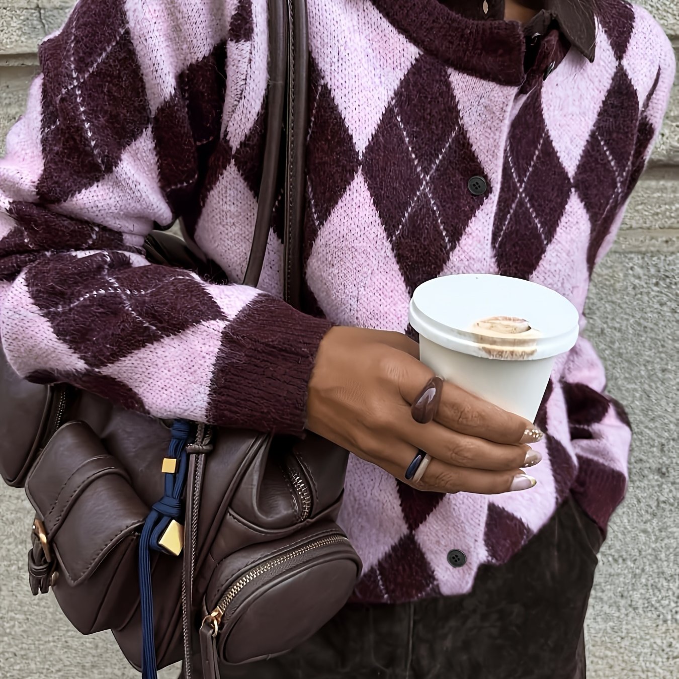 TEMU Qd260802036 Women's Rhombus Pattern Cardigan, Contrast Color Crew Neck Long Sleeve Sweater, Single-breasted Casual Autumn/winter Women's Apparel
