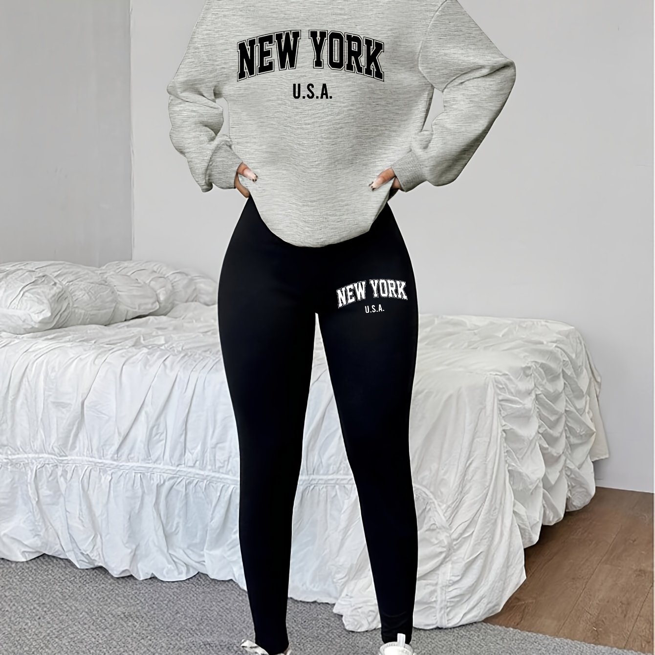 TEMU 1014Gwen, 1 Set Felpa Casual da Donna 2 pezzi, Stampa con Scritta, Felpa a Maniche Lunghe , Leggings Lunghi, Indossare Singolarmente o a , per