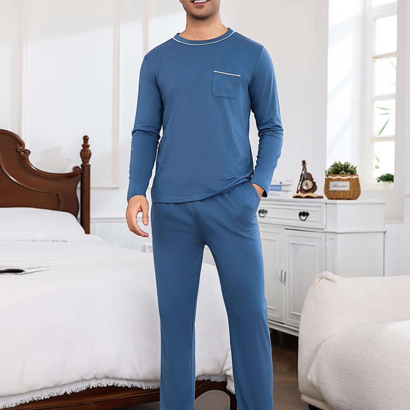 Men's Round Neck Long-sleeved Solid Color Pajama Set, Chest Patch Casual Men' Pocket Cotton Long-sleeved Pajama Set, Including A Long-sleeved Top And A Pair Of Trousers, Men's Loungewear, Men's Gifts