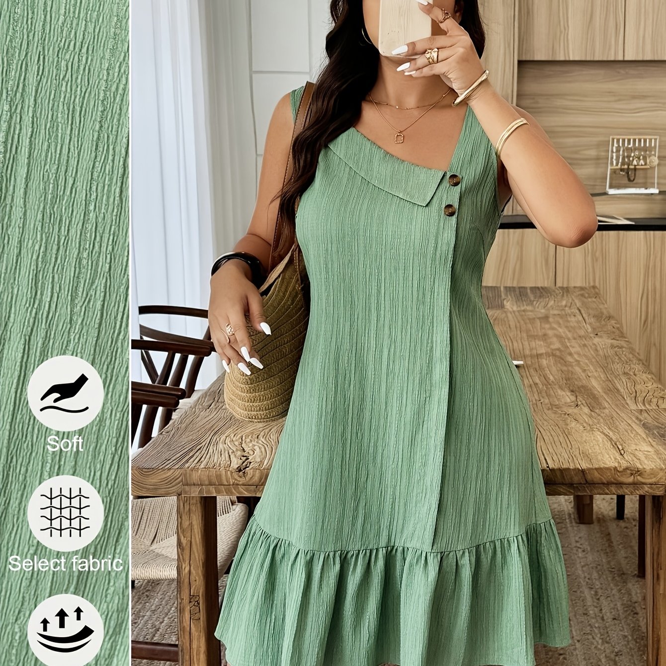 TEMU Plus Size - Mid-length Plus Size Women's Asymmetrical Neckline Button Texture Fabric Hem A-line Dress, Elegant Short Sleeve Sleeveless Dress,