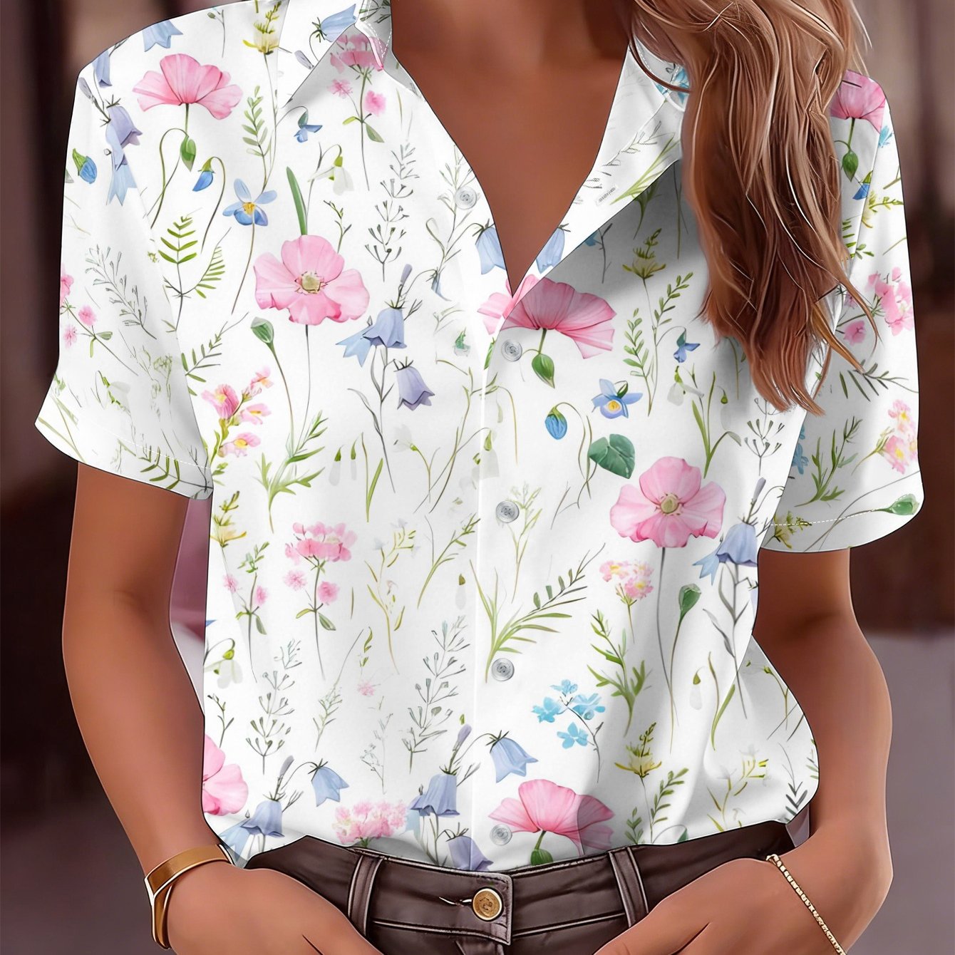 TEMU 2026 New Women's Short Sleeve Shirt, Fresh Watercolor Floral Print Top, Romantic Poppies And Scattered Flowers , Breathable Comfortable Daily