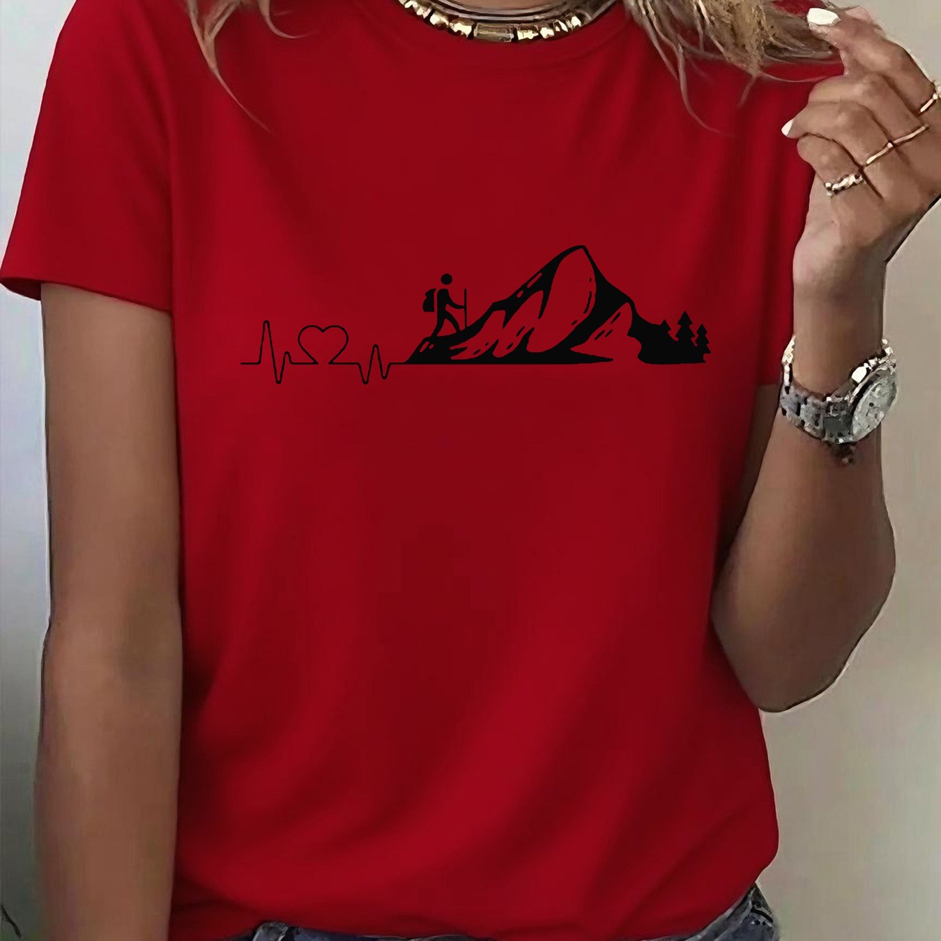 TEMU Women's Casual Short Sleeve T-shirt - Outdoor Hiking & Adventure Graphic Print, Breathable Stretchy Fabric, Round Neck, , Machine Washable,
