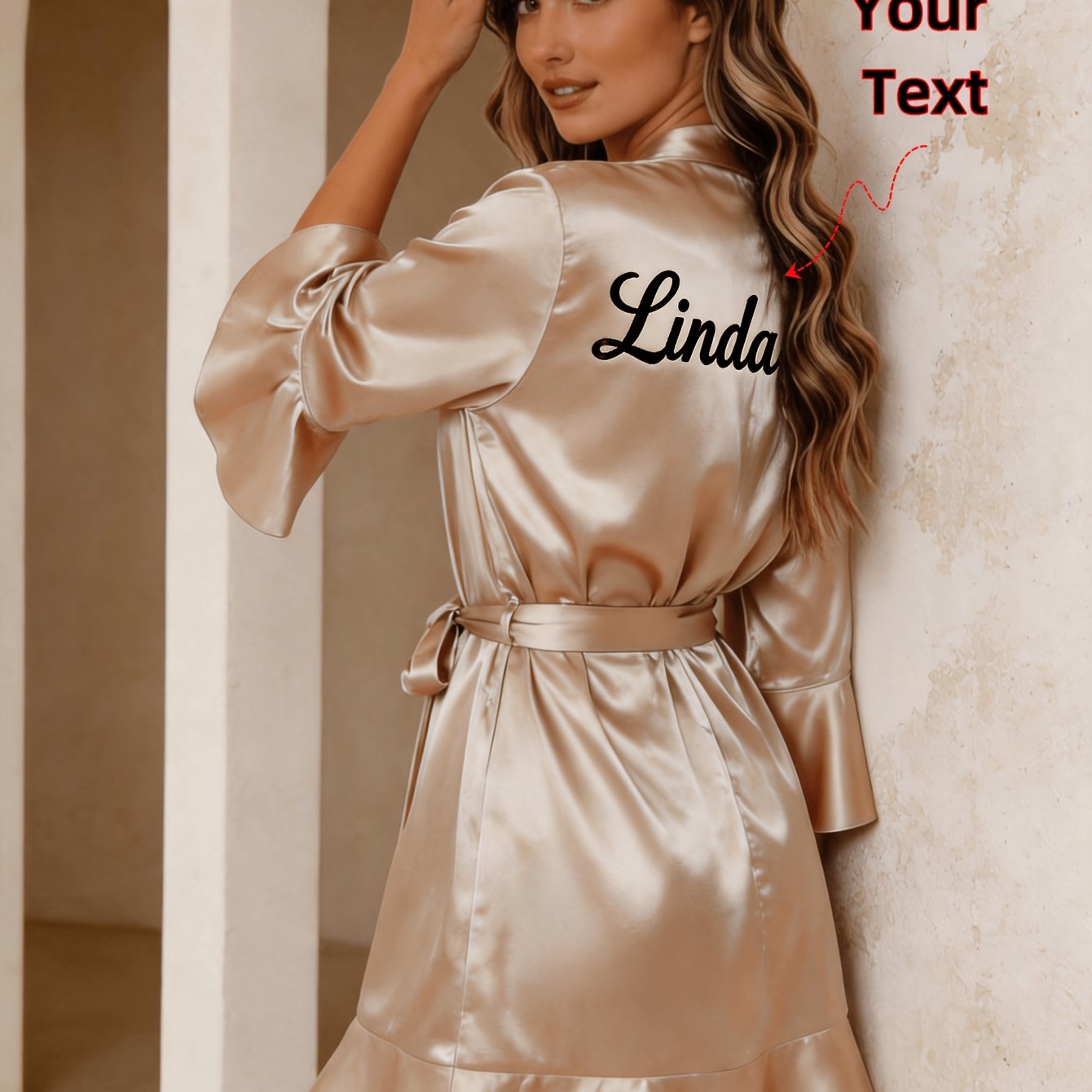 TEMU Women's Embroidered Custom-name Nightgown, Bridal Gown, Bridesmaid Dress, Wedding Party Attire, Party Gift, V-neck Kimono-style Robe With