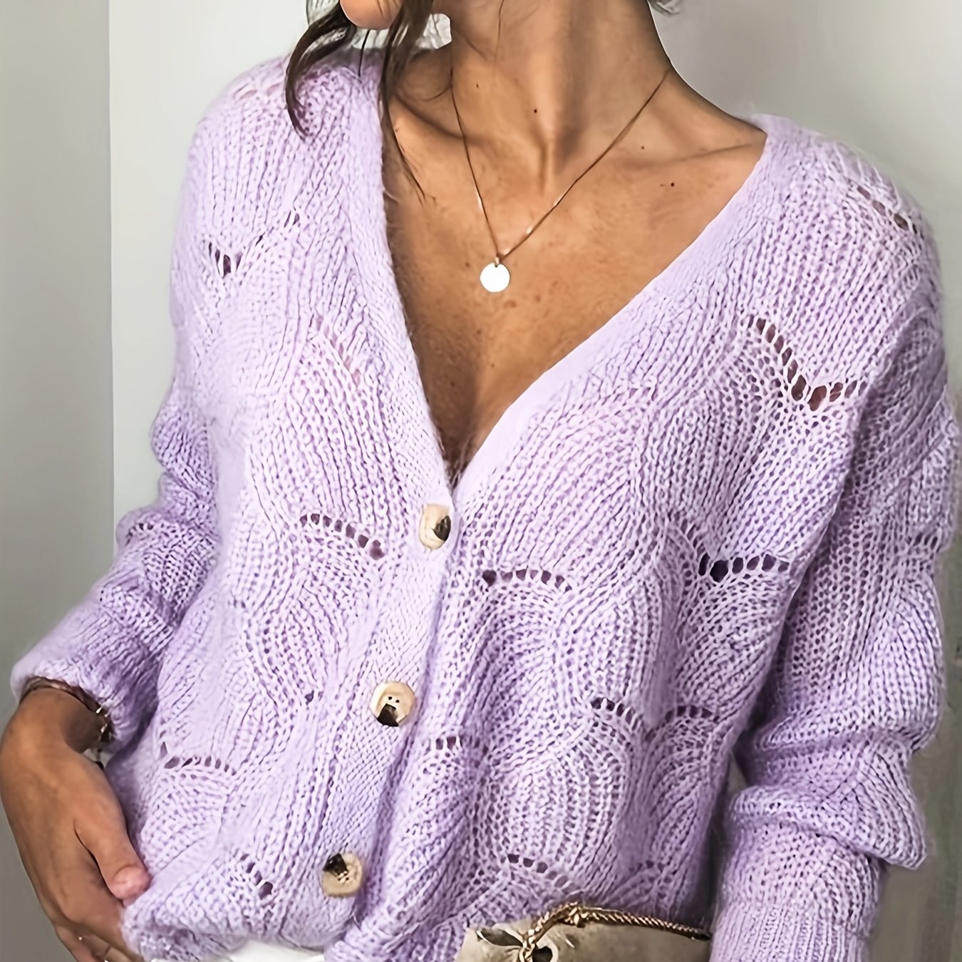 Spring/autumn New Arrival Sexy V-neck Hollow Top Solid Color Loose Cardigan Sweater Coat