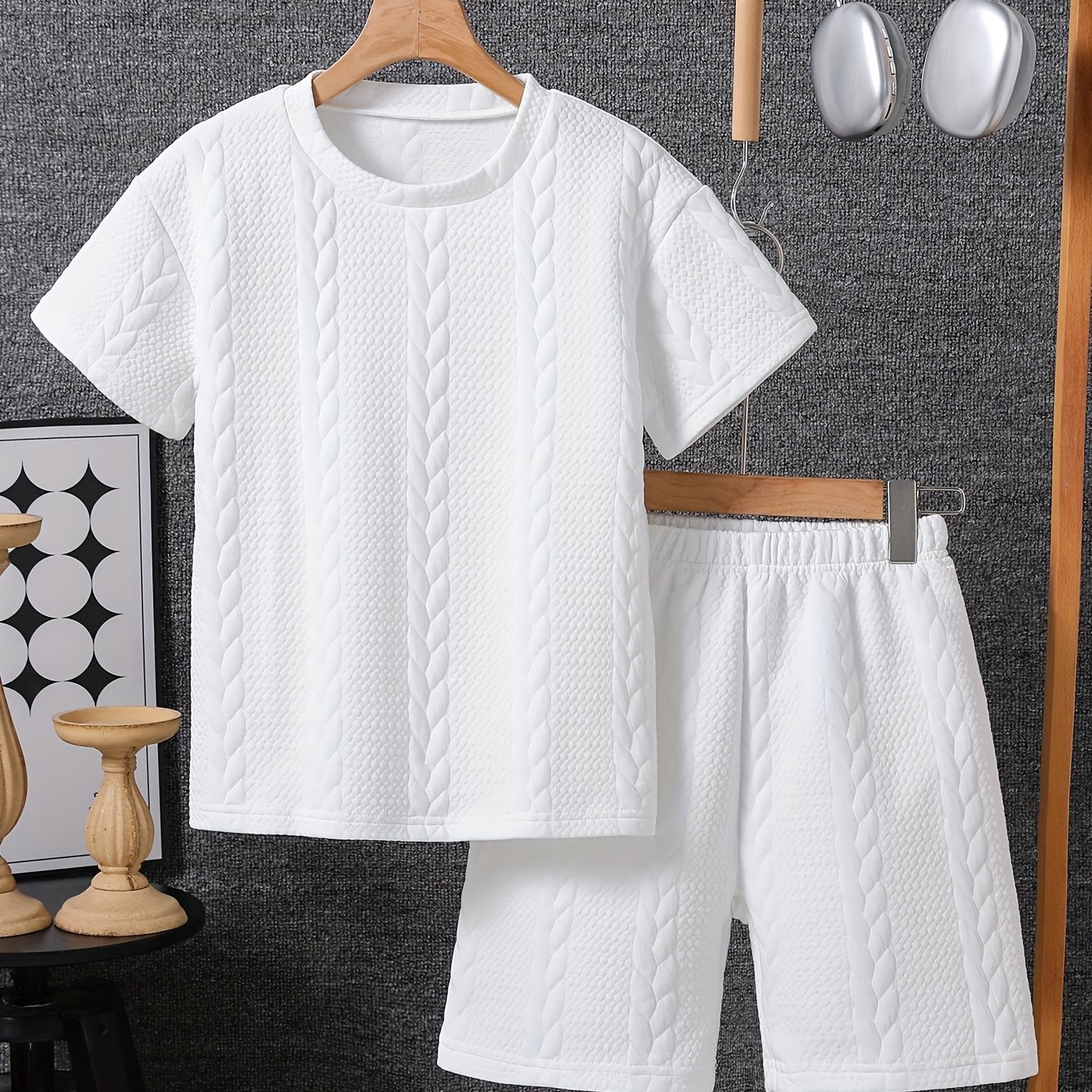 Boys' Knitted Jacquard Cable Knit Striped Shorts Set, For Outdoor