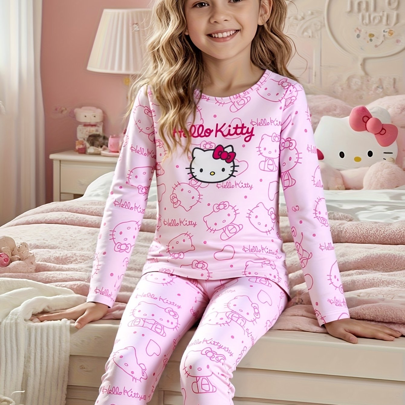 Image of Flame Retardant - New Hello Kitty Cute Print Long-sleeved Top + Print Fitted Trousers, Clothing Set, Hello Kitty Apparel, Long-sleeved Top And Trousers, Cartoon Pattern, Medium Stretch Fabric, , Fans