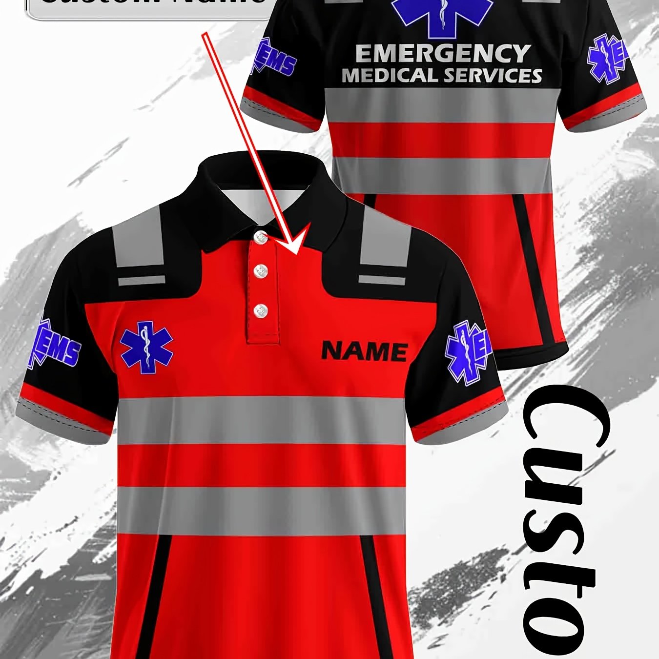TEMU Custom Men's Ems Training Shirt - Personalized Name, 3d Printed, Breathable Polyester Emergency Technician Uniform, For Team Uniforms And Casual