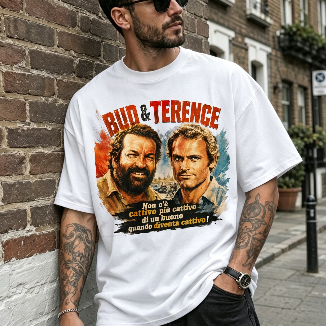 Image of Bud And Terence Vintage Movie T Shirt 2 Characters Portrait Print Tee Retro Classic Film Duo Comedy Design