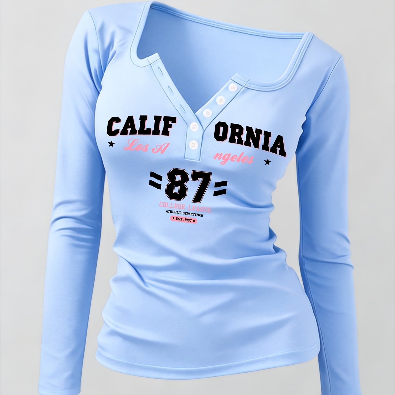 TEMU California Pattern Women's Hot Outfit, Button-up Sexy Design Non-v Neck Long Sleeve T-shirt, A Revealing
