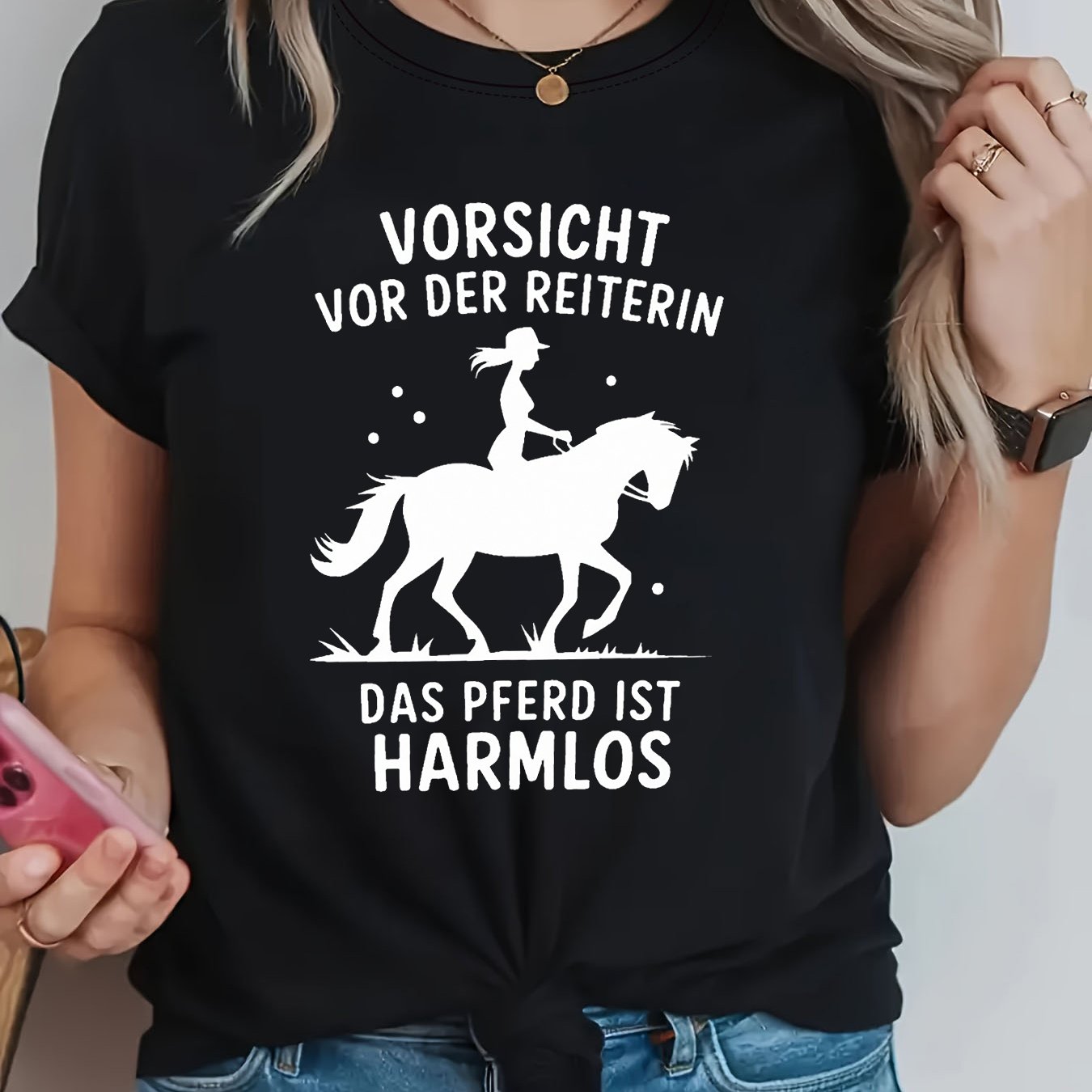 Image of Vorsicht Vor Der Reiterin Letter Print T-shirt, Short Sleeve Crew Neck Casual Top For Summer & Spring, Women's Clothing
