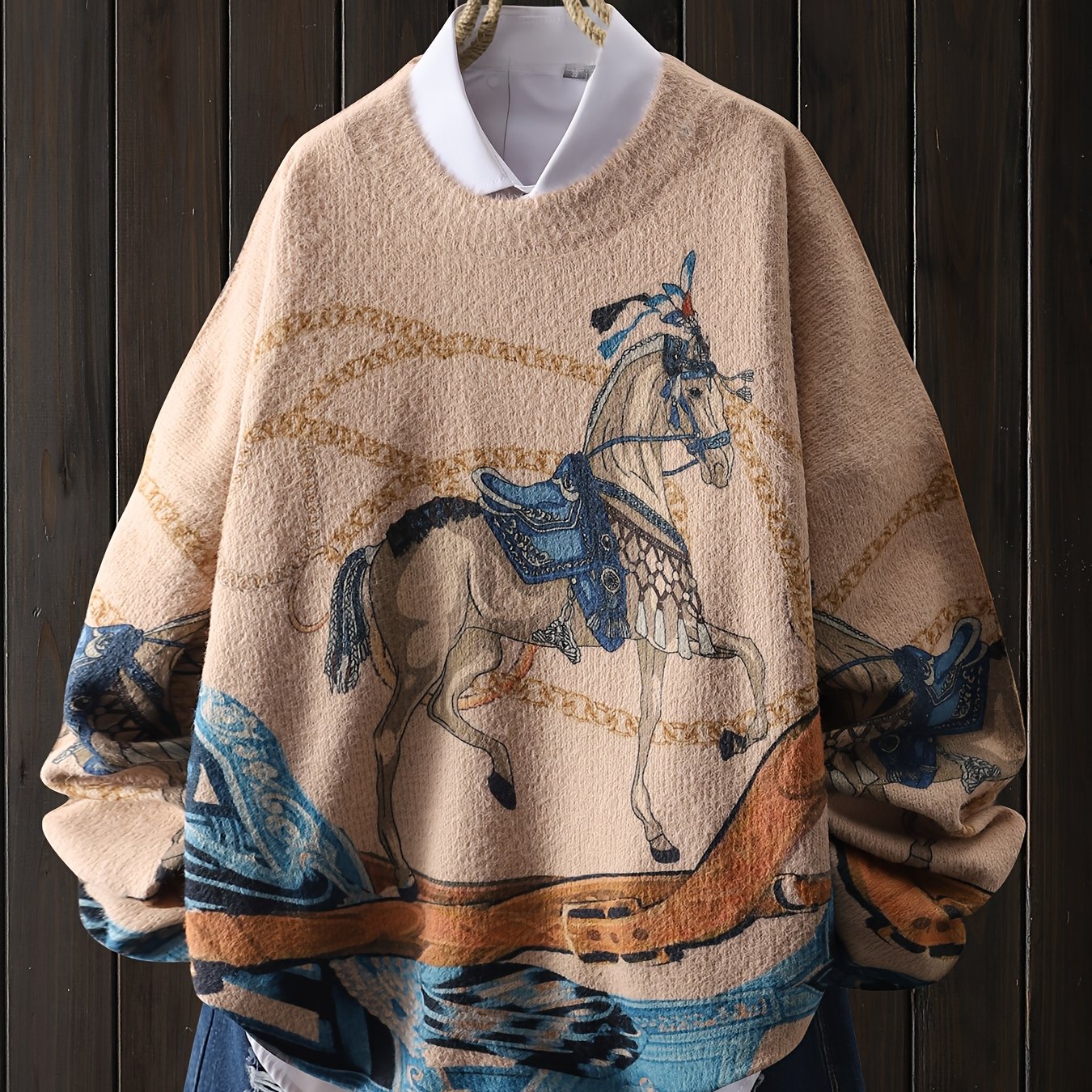 Image of Vintage Animal Horse Colorblock Ribbon Pattern Pullover, Casual Crew Neck Long Sleeve Top, Women's Clothing