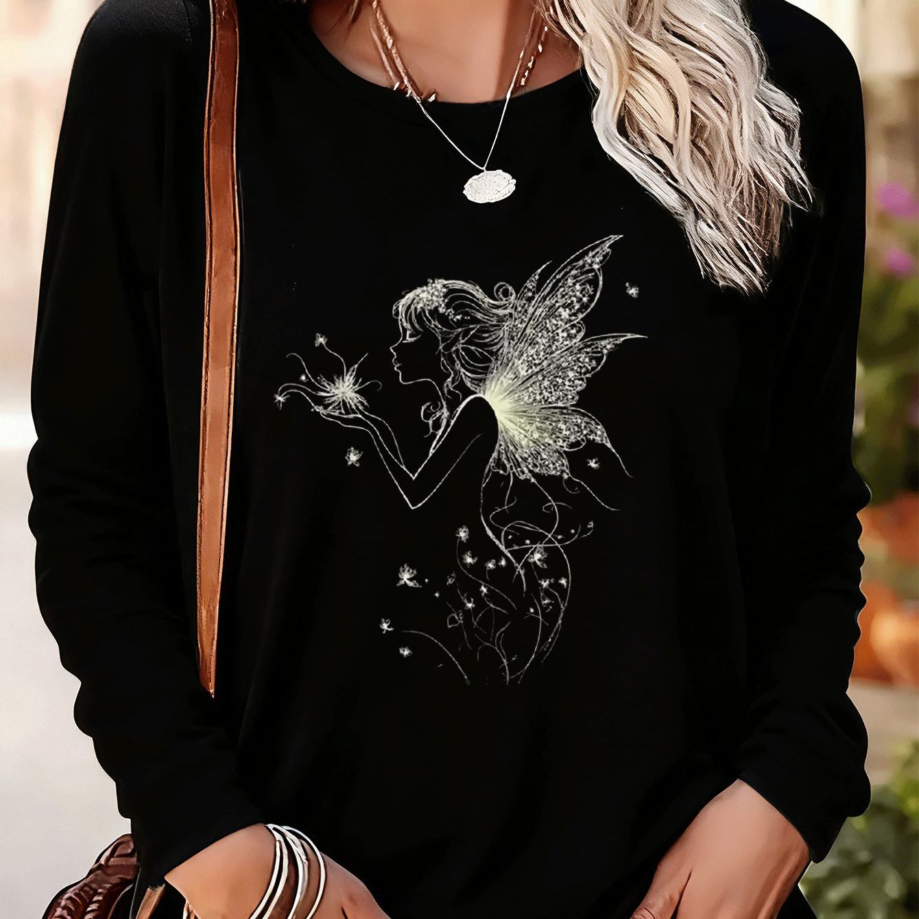 TEMU Plus Size - Plus Size - Silhouette mit Löwenzahn-Stickerei, künstlerisches Plus Size Langarm-T-Shirt für Damen, Oversized Passform, Big Size,