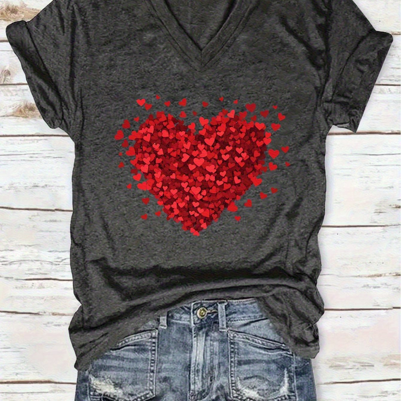 TEMU Plus Size, Plus Size Women's V-neck T-shirt- Stylish Casual Printed T-shirt, Polyester Jersey Fabric- Lightweight And Breathable, And Summer, A Perfect Gift For The