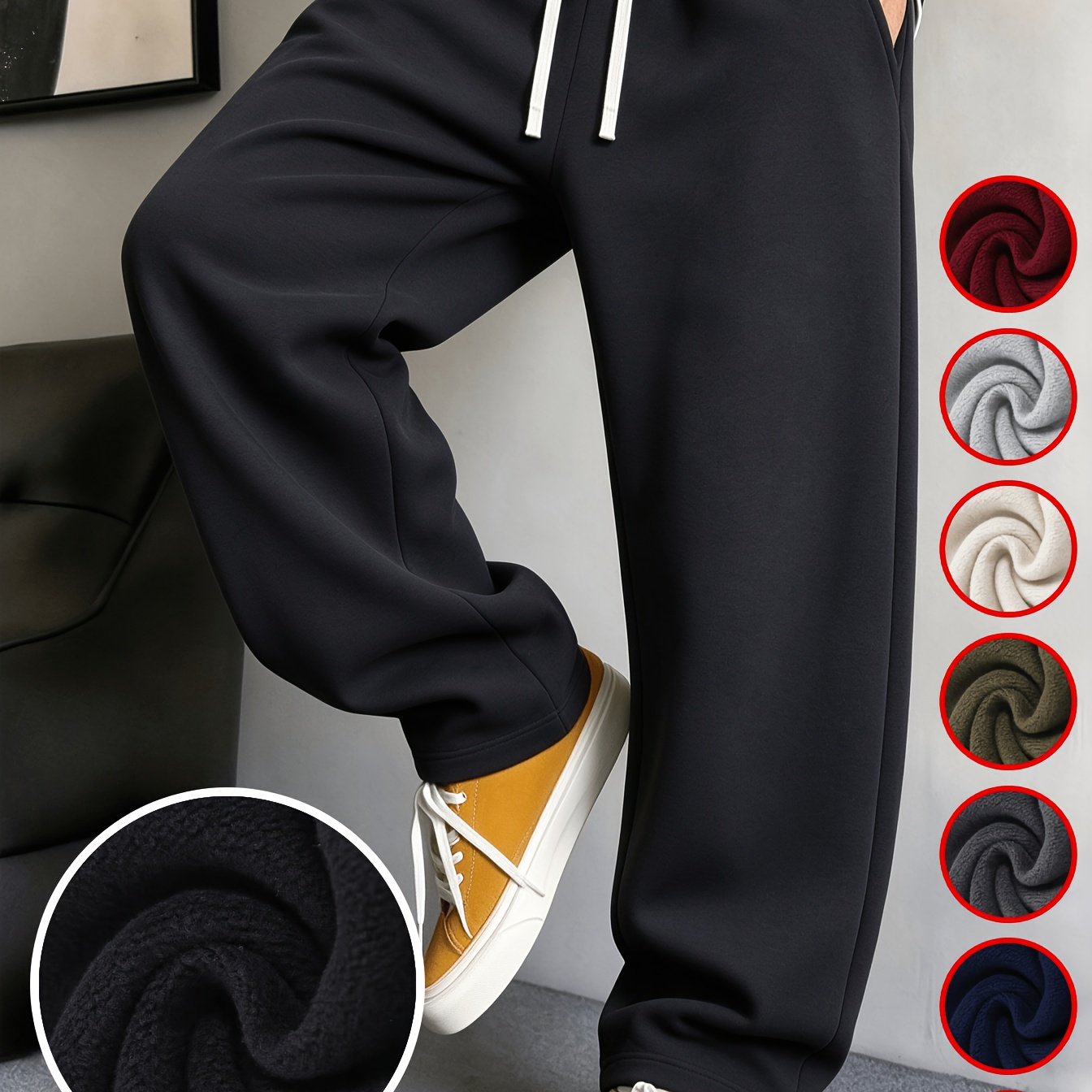 TEMU Men's Autumn Winter Plush Drawstring Long Pants, Loose Straight Fit, , Drawstring Waist And Side Pockets, Ideal For Casual Wear, , Or