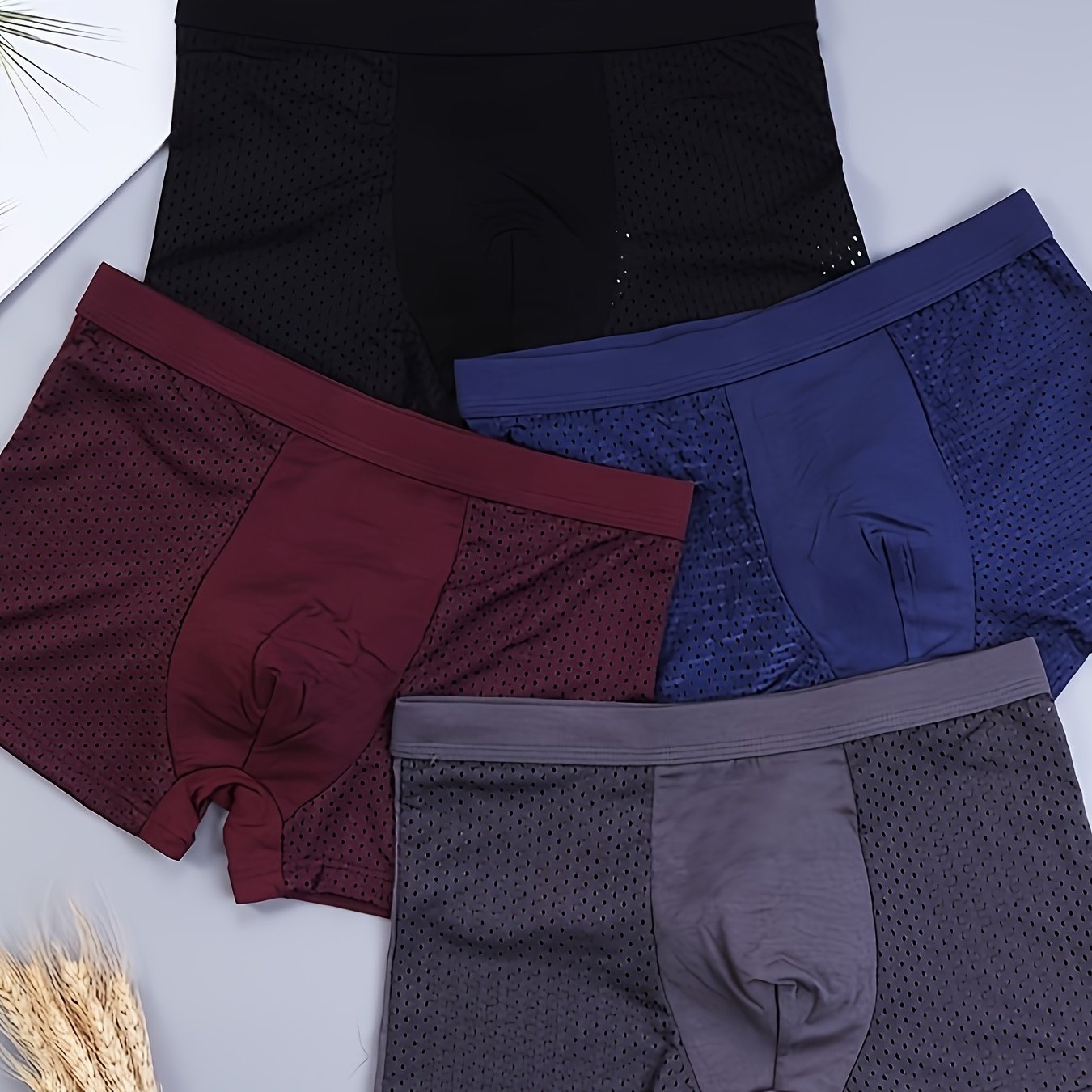 TEMU 4pcs Random Color Mesh Briefs, Men's Boxer Shorts, Made Of Polyester, A Must-have For Summer, In Red, Black, Blue, And Gray, Random Combination,