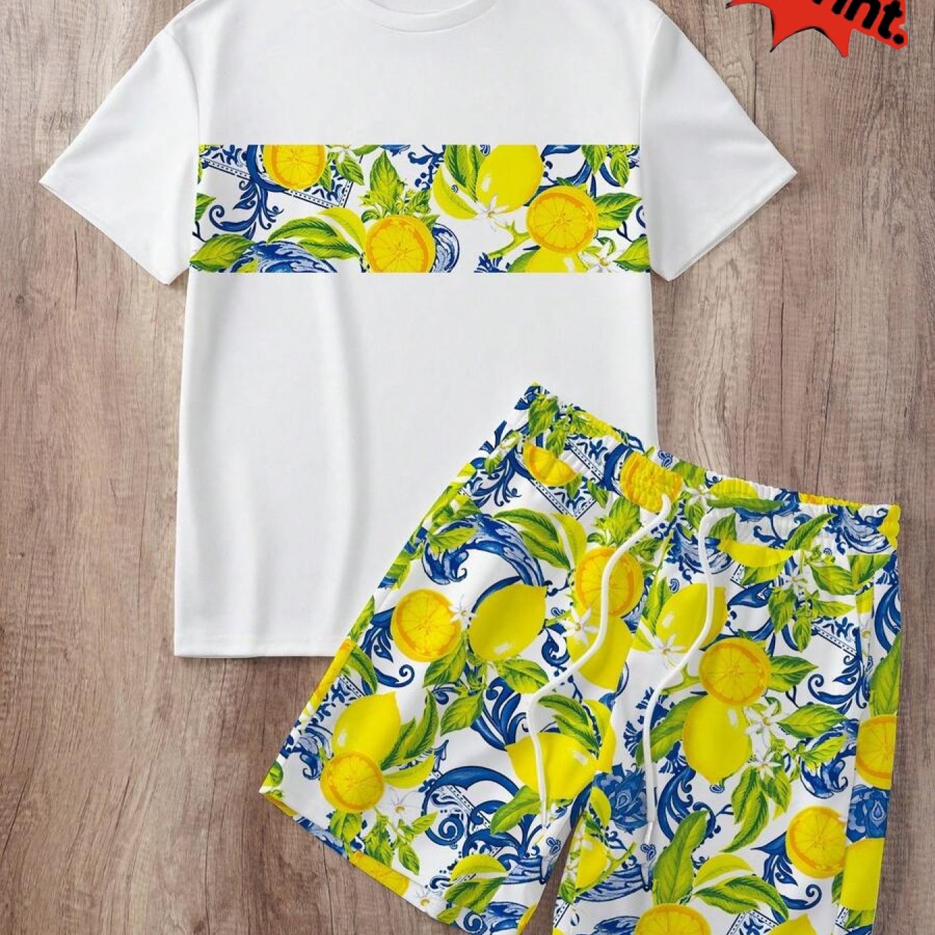 TEMU [printed Design â Not Textured] White Short-sleeve T-shirt With Chest Patch Lemon Print, Pattern On White Background, Lemon Print, Drawstring