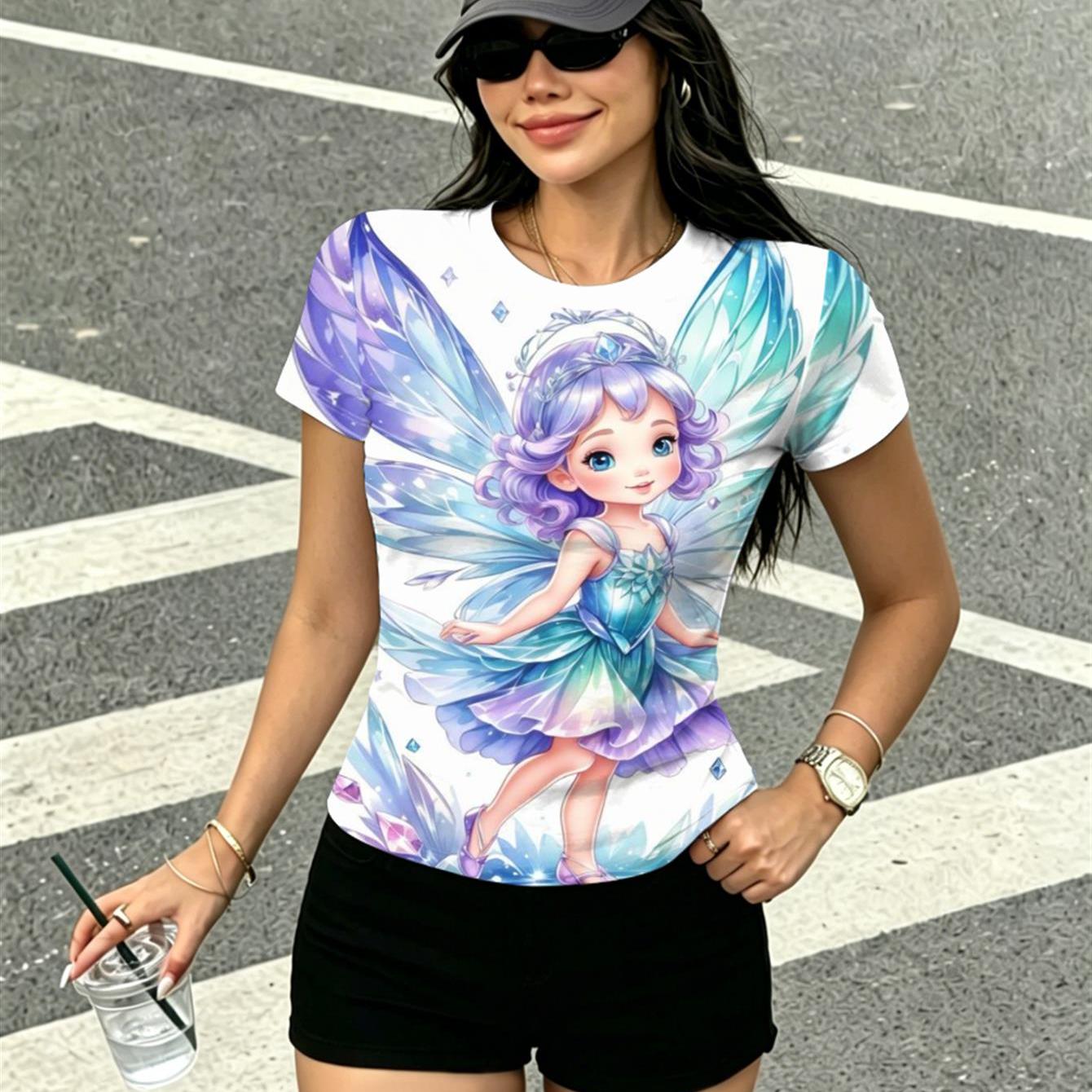 TEMU Women's Short-sleeve T-shirt With Purple-haired Crystal Elf Print - Round Neck Casual Top, Suitable For Spring Summer Fall, Machine Washable
