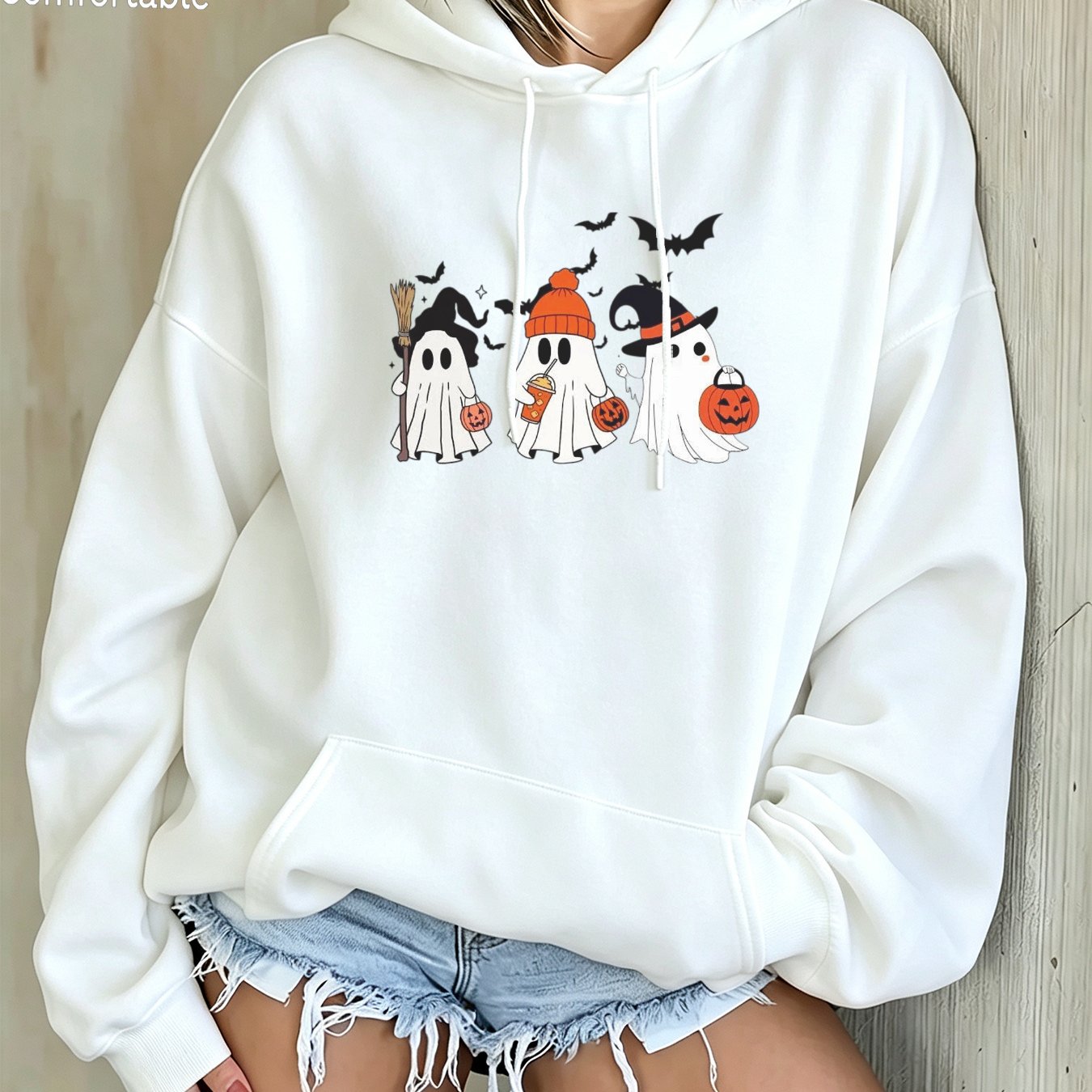 Image of Autumn Women's Fashionable Pocket Drawstring Hoodie With Cute, Pumpkin & Bat Prints For Halloween, Cozy Loose Pullover Jacket For Ladies In Fall Winter