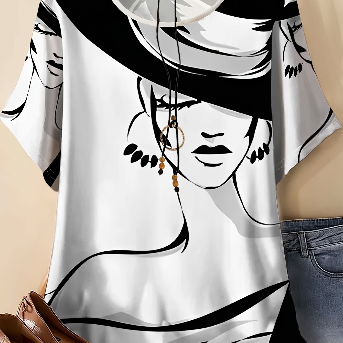 TEMU T-shirt imprimé tendance grande taille pour femmes, nouveau haut d'été décontracté et polyvalent avec un design slim facile et élégant